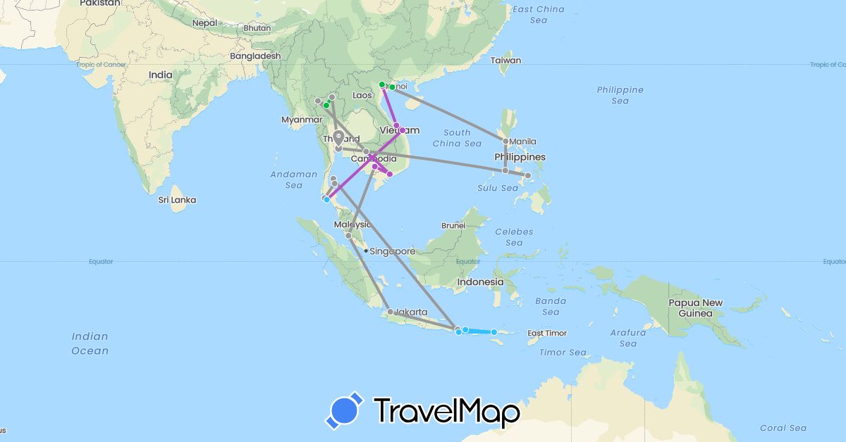 TravelMap itinerary: bus, plane, train, boat in Indonesia, Cambodia, Malaysia, Philippines, Thailand, Vietnam (Asia)